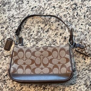 Coach Brown Signature Jacquard Shoulder Bag with Dark Brown Leather Trim